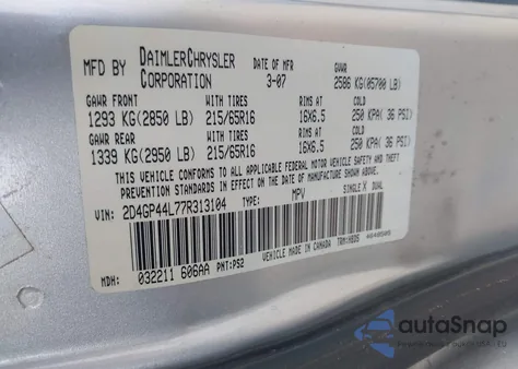 2007 Dodge Grand Caravan Sxt из США, поврежденный, VIN 2D4GP44L77R313104